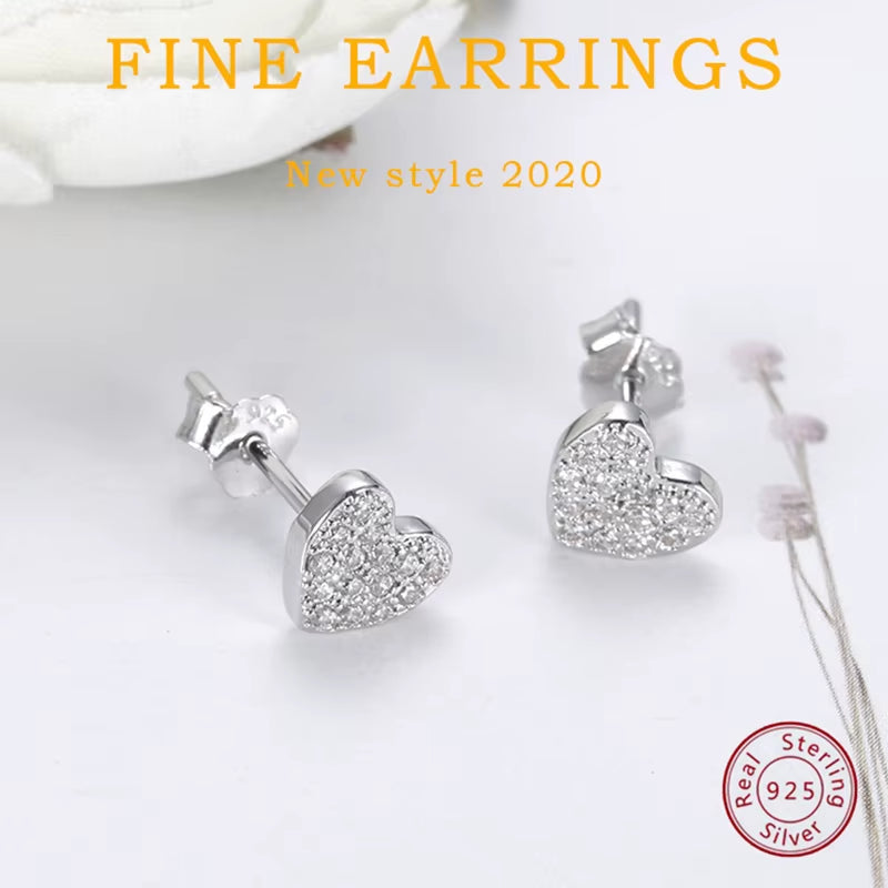 925 Sterling Silver Women'S Hearts Stud Earrings with Cubic Zirconia Korea Fashion Jewelry for Girls Small Cute Shiny Ear Rings