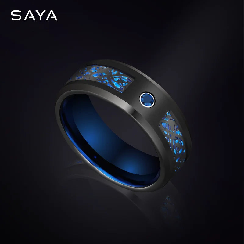 Men'S Ring Inlay Blue Red Zircon and Dragon Shape Carbon Fiber,Luxury Tungsten Jewelry,Large Size Rings,Customized