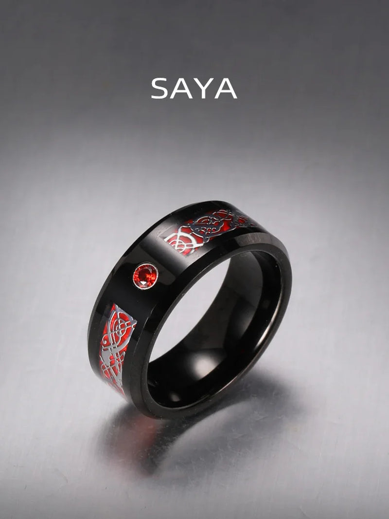 Men'S Ring Inlay Blue Red Zircon and Dragon Shape Carbon Fiber,Luxury Tungsten Jewelry,Large Size Rings,Customized