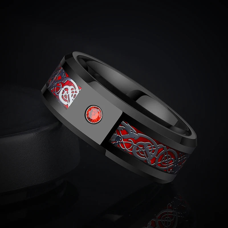 Men'S Ring Inlay Blue Red Zircon and Dragon Shape Carbon Fiber,Luxury Tungsten Jewelry,Large Size Rings,Customized