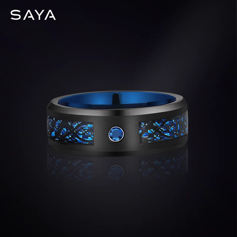 Men'S Ring Inlay Blue Red Zircon and Dragon Shape Carbon Fiber,Luxury Tungsten Jewelry,Large Size Rings,Customized