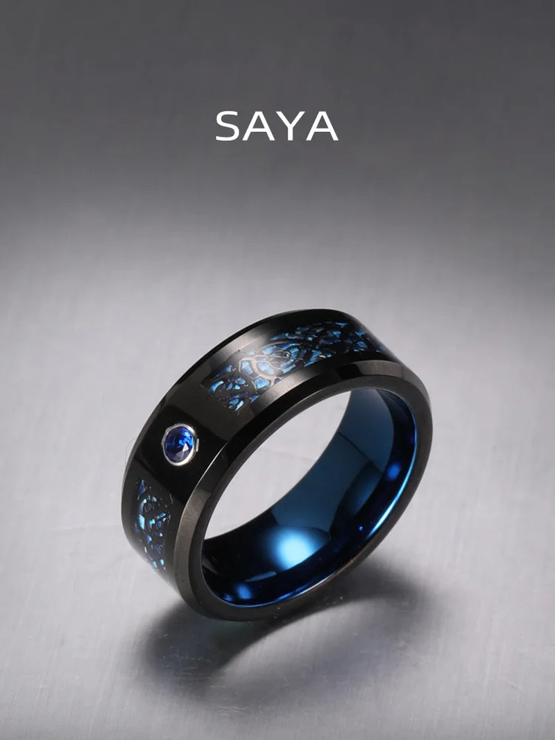 Men'S Ring Inlay Blue Red Zircon and Dragon Shape Carbon Fiber,Luxury Tungsten Jewelry,Large Size Rings,Customized