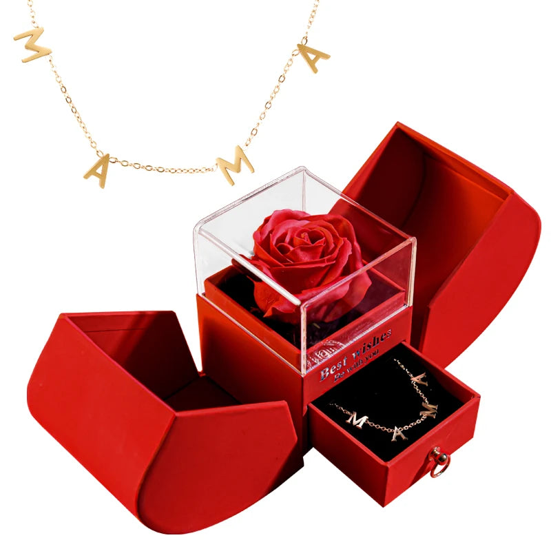 Gift for Women Eternal Rose Gift Box /W Heart Shiny Diamond Necklace Pendant Jewelry Box Set for Wedding Birthday Gift